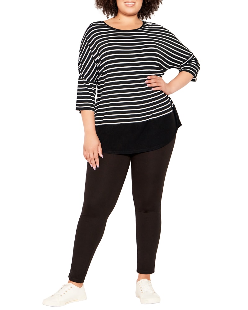 Front of a model wearing a size 20 Kiara Stripe Ribbed Top in Black / White by Zim & Zoe. | dia_product_style_image_id:302825